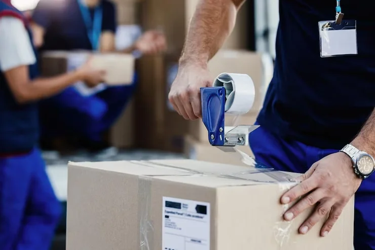 Person using tape dispenser to seal a cardboard box in a packing area, emphasizing careful