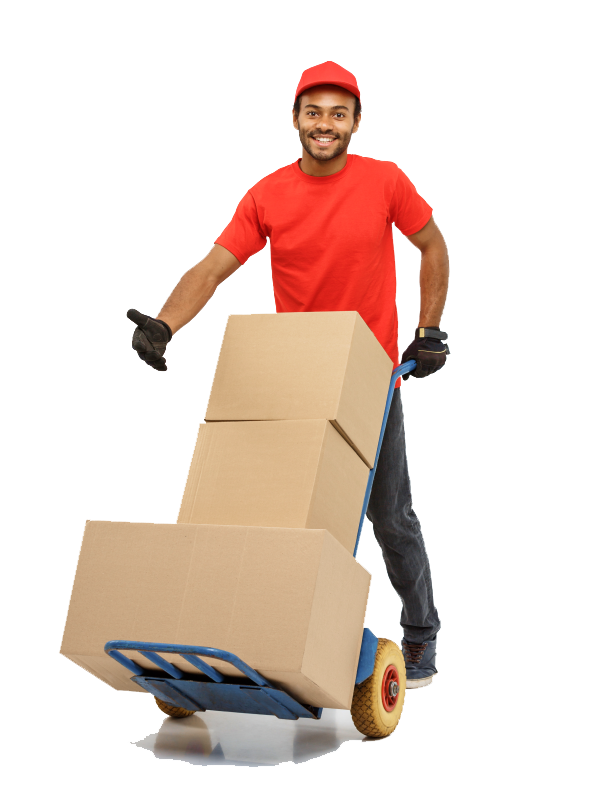 Smiling mover in red shirt and cap pushing a hand truck loaded with cardboard boxes,