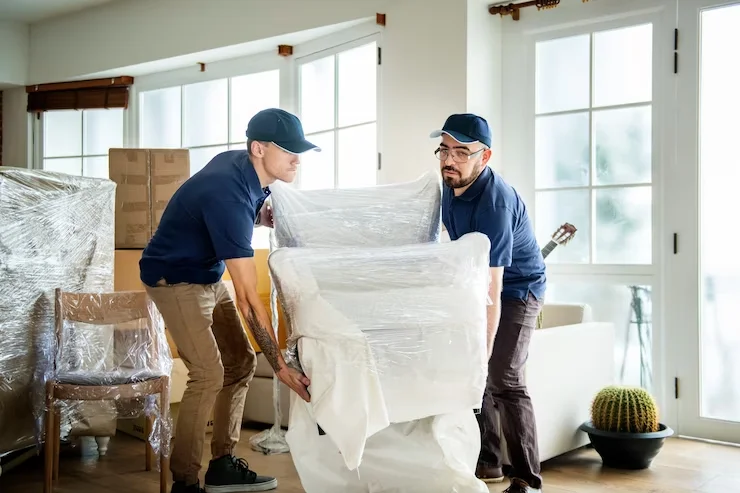 Two professional movers carefully lifting a wrapped chair in a well-lit room, surrounded by moving