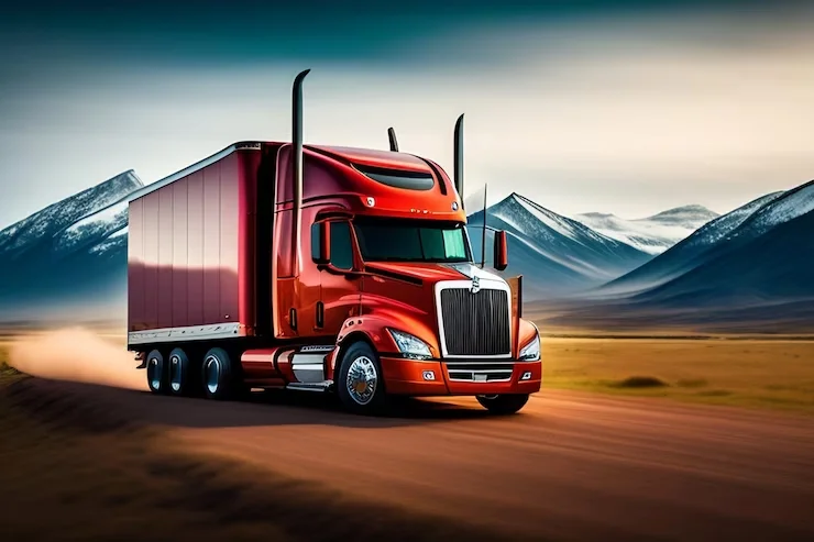 Red moving truck on a dirt road with mountains in the background, representing Aus City