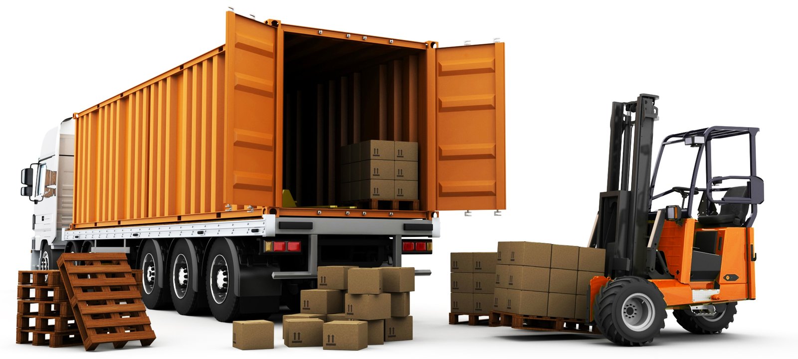 Truck with an open container, forklift unloading boxes, showcasing Aus City Movers' transport and logistics