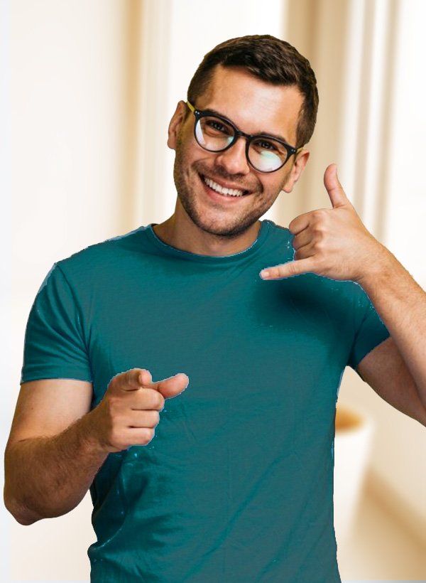 Smiling man in a teal shirt making a phone gesture, encouraging contact for Aus City