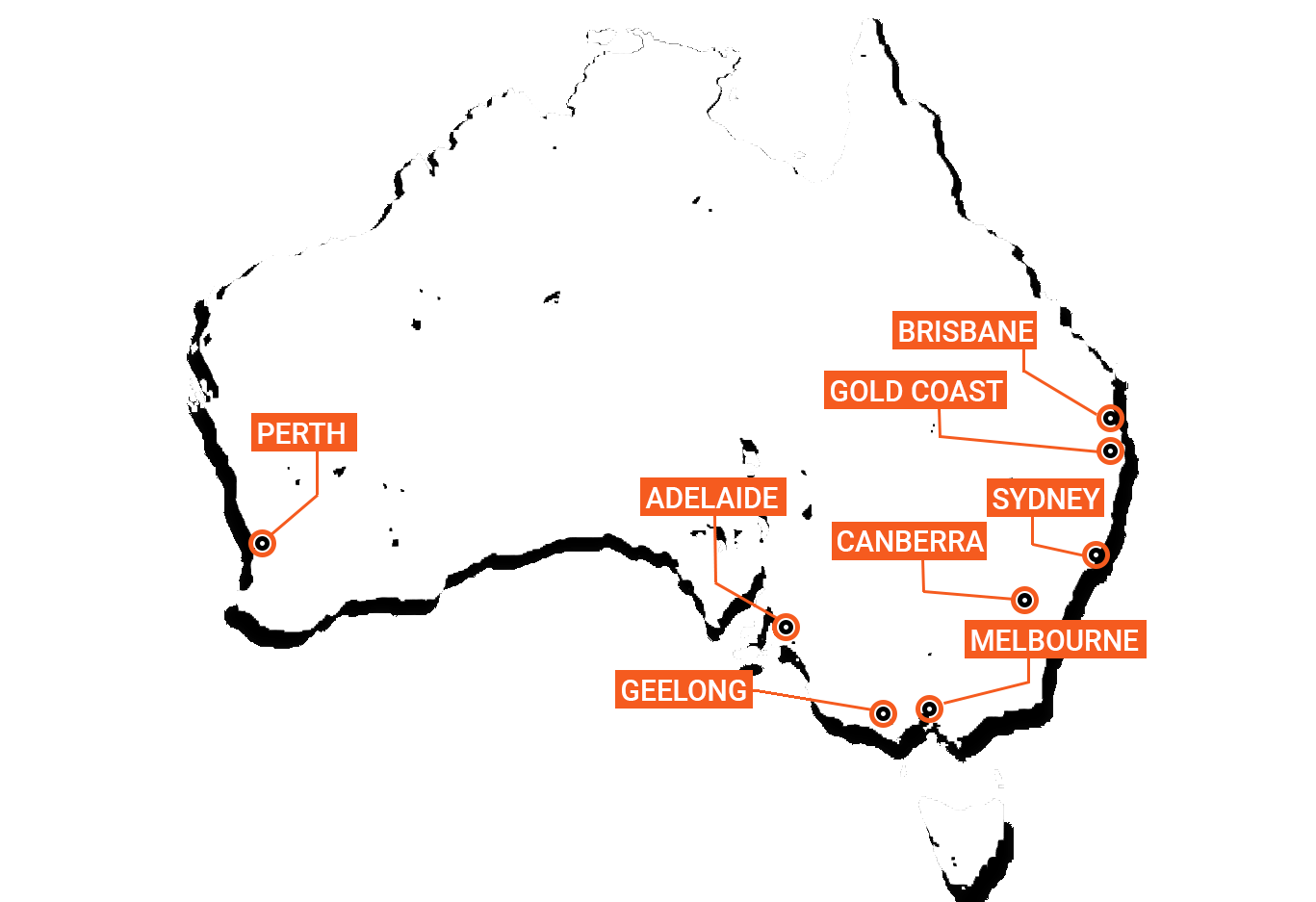 Map of Australia highlighting major cities serviced by Aus City Movers, including Sydney, Melbourne, Brisbane,