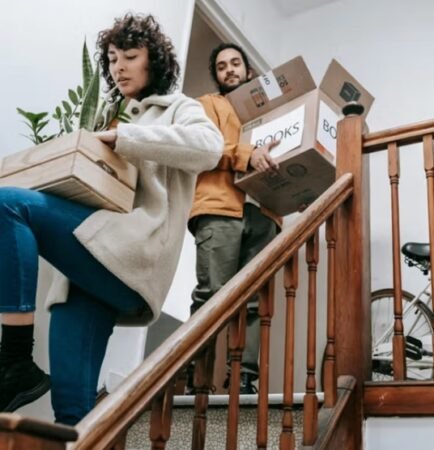 People carefully moving plants and boxes up stairs during a house removal.