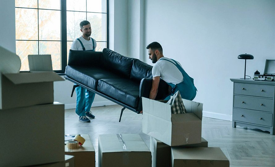 Two professional movers lifting a black couch amidst unpacked cardboard boxes in a spacious, well-lit