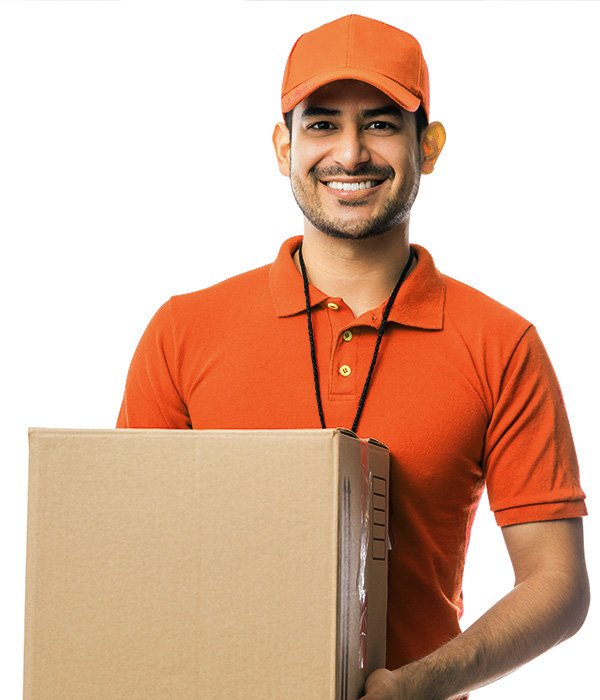 Delivery person in orange uniform holding a cardboard box, representing Aus City Movers' efficient parcel